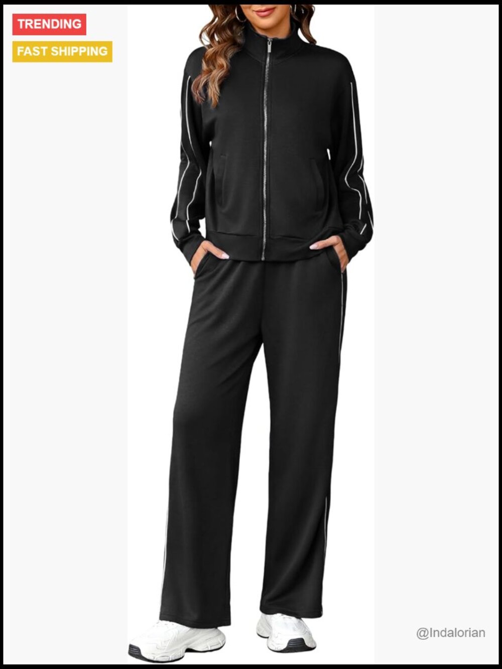 Rayon Polyester Spandex Zip Up Sweatshirt Wide Leg Pants Lounge Set